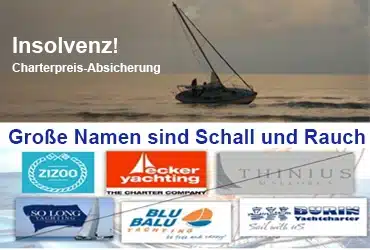 Ad for bankruptcy insurance with sailing yacht at sunset